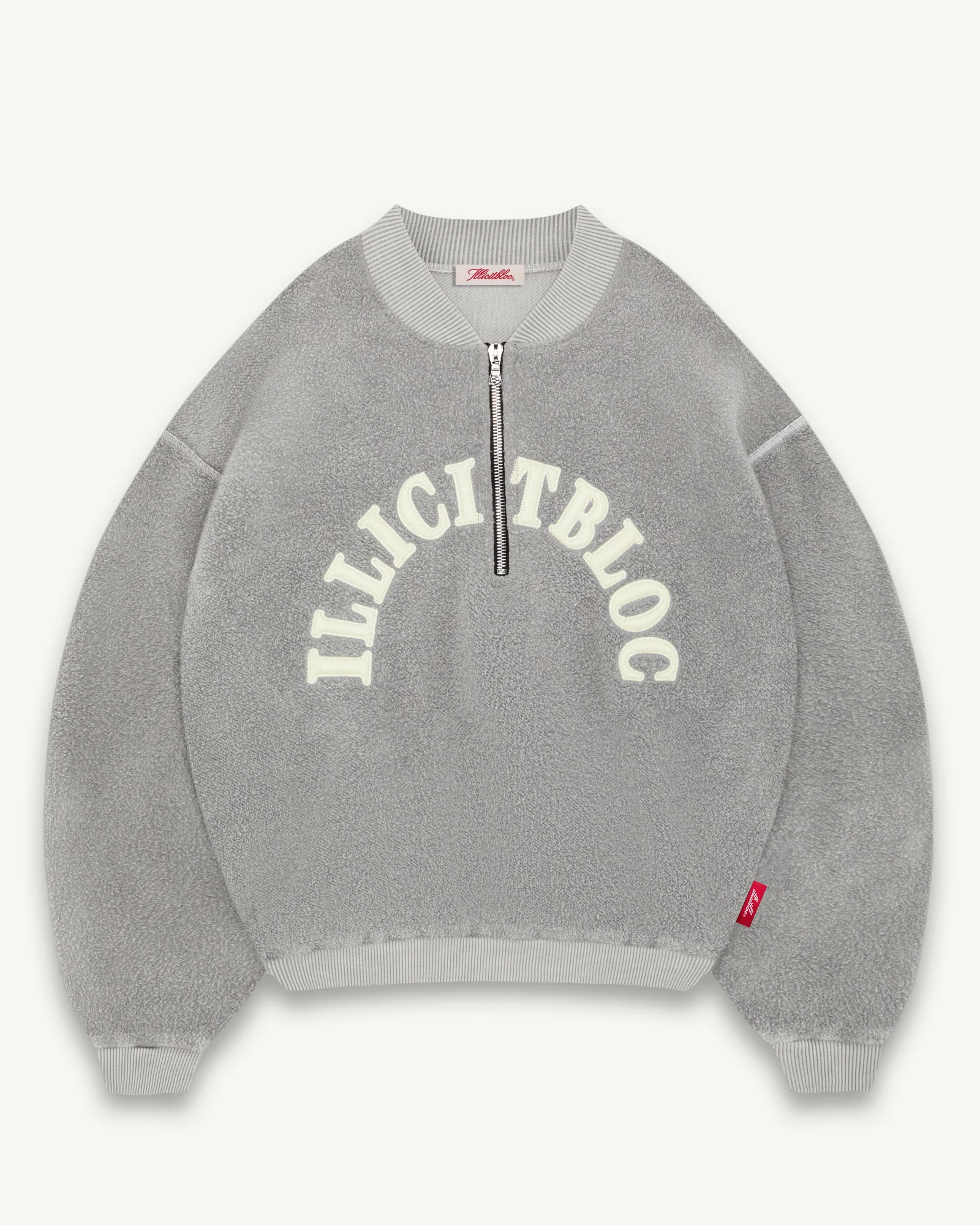 REVERSE1_4SPELLOUTPOWDERGREYV2 (1) ILLICIT BLOC SPELLOUT TEDDYKNIT 1/4 ZIP - POWDER GREY