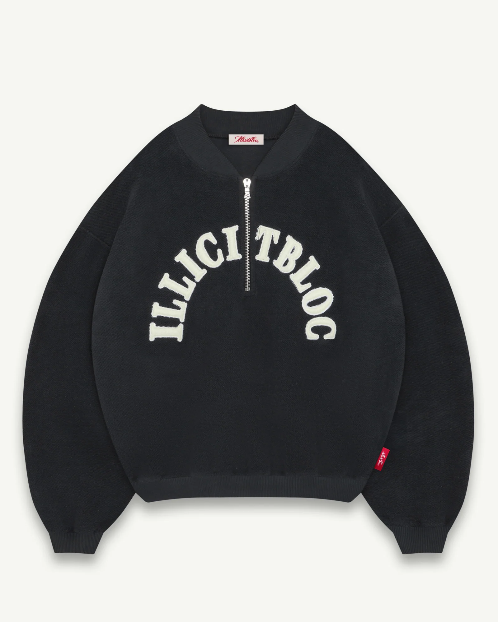 REVERSE1_4SPELLOUTVINTAGEBLACK ILLICIT BLOC SPELLOUT TEDDYKNIT 1/4 ZIP - VINTAGE BLACK